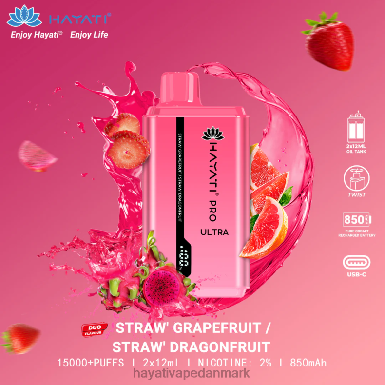 Hayati Flavour Vapes | Hayati Pro Ultra engangs 15000 pust jordbær grapefrugt/jordbær dragefrugt TF62V226