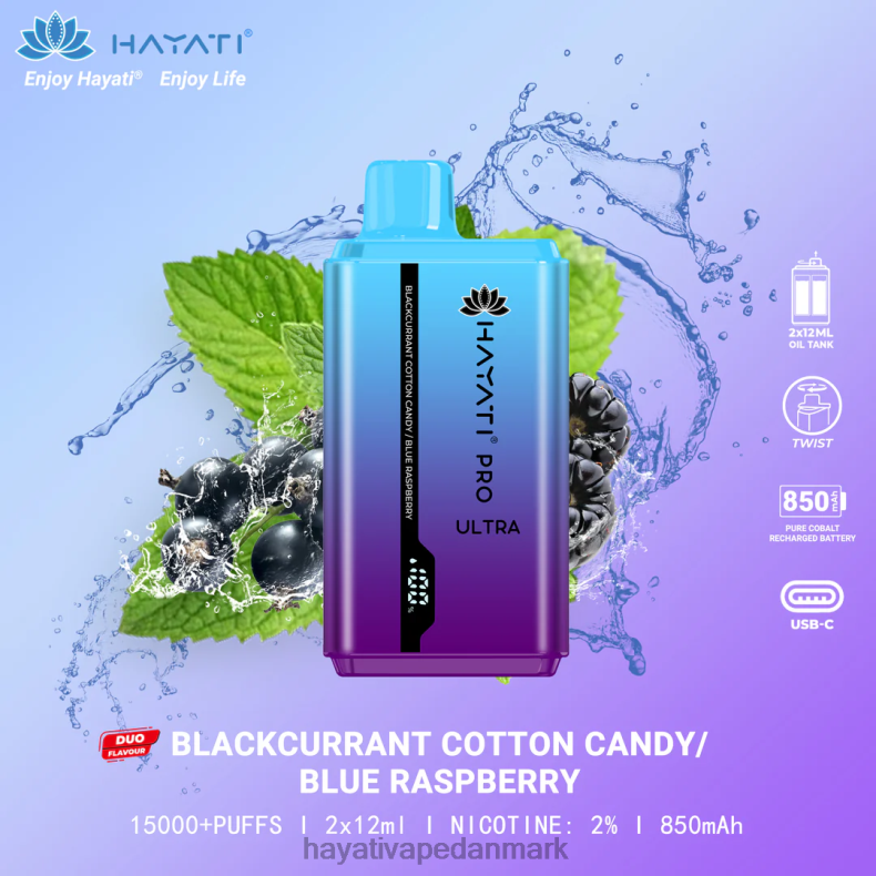 Hayati Flavour Vapes | Hayati Pro Ultra engangs 15000 pust solbær bomuld/blå hindbær TF62V216