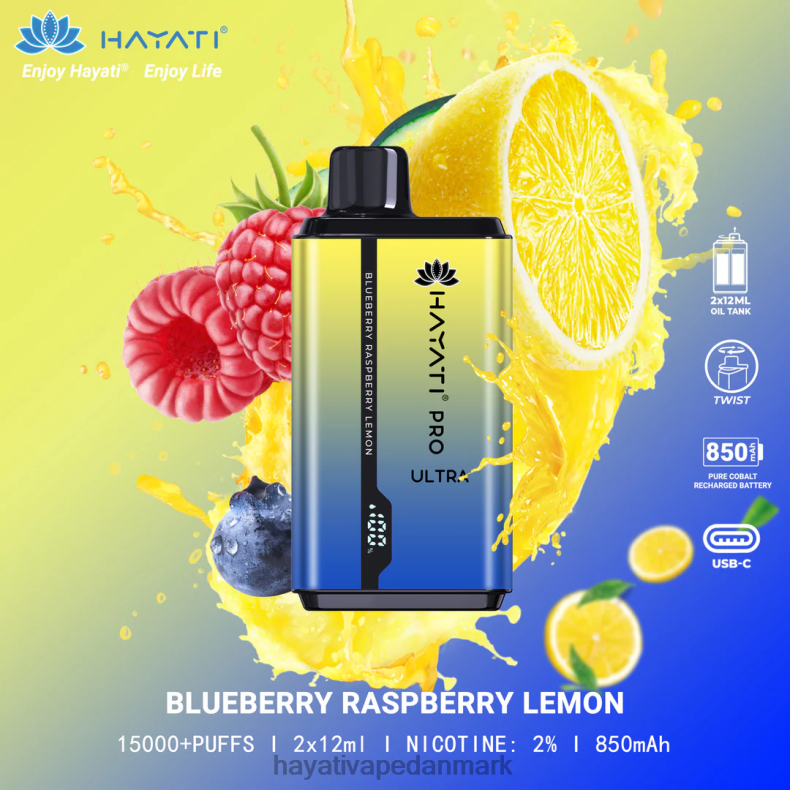 Hayati Vape Shop | Hayati Pro Ultra engangs 15000 pust blåbær hindbær citron TF62V197