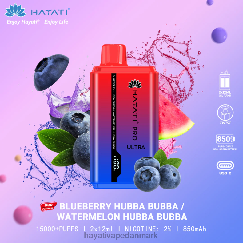 Hayati Vape Shop | Hayati Pro Ultra engangs 15000 pust blåbær hubba bubba/vandmelon hubba bubba TF62V217
