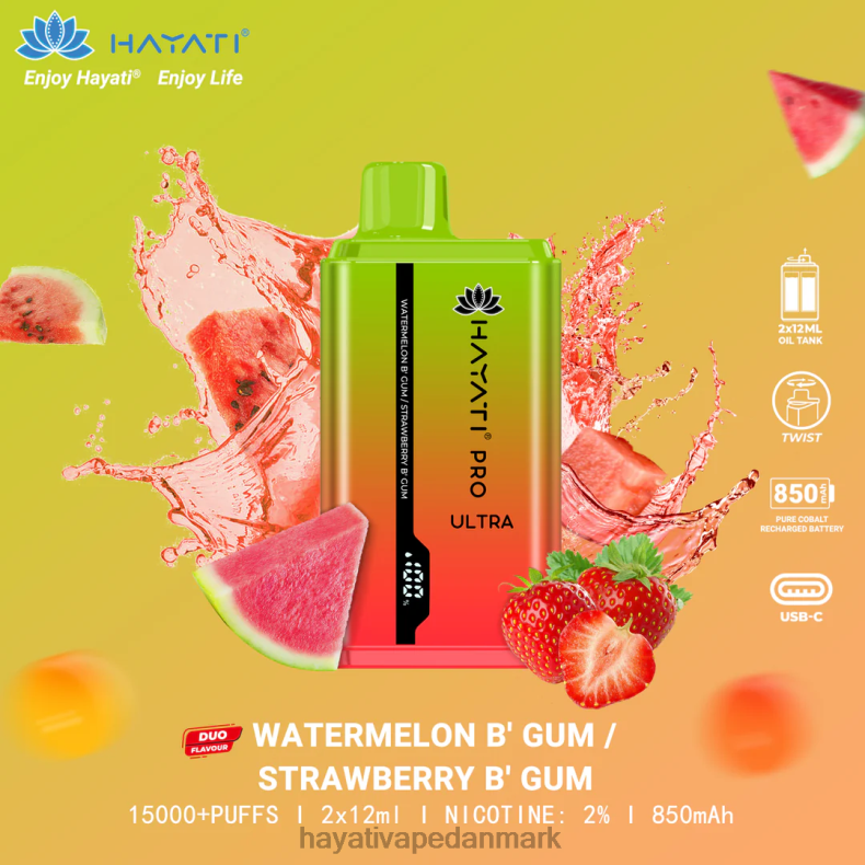 Hayati Vape Shop | Hayati Pro Ultra engangs 15000 pust vandmelon tyggegummi/jordbær tyggegummi TF62V227